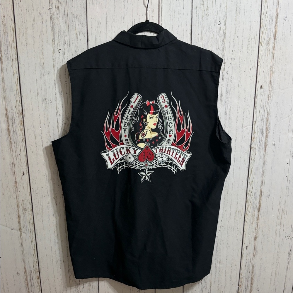 Lucky Thirteen Apparel Black Sleeveless Button-Up Shirt Size Large